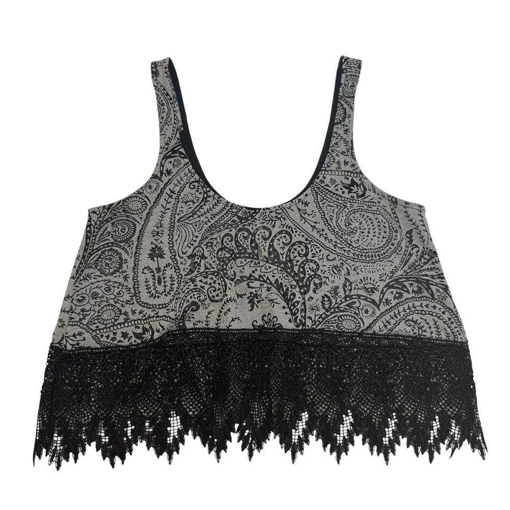 Free People Gray/Black Paisley Crochet Lace Crop Top Sheer Scoop Neck XS - Picture 1 of 8
